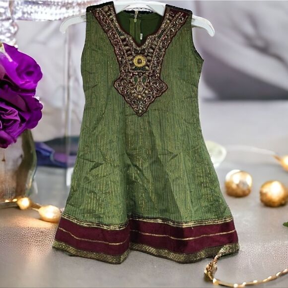 Girls Green/Gold Fancy Embroidered Indian Party Tulle Dress Churidar Gown 24 5T - Picture 1 of 12